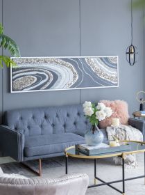 70.9x19.7x1.5" Elongated Landscape Rectangle Framed Oil Painting, Brown and Black with Silver Stones