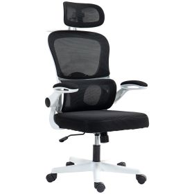 Mesh Office Chair, Ergonomic Desk Chair with Flip-up Armrest, Rotatable Headrest, Adjustable Lumbar Support, Black