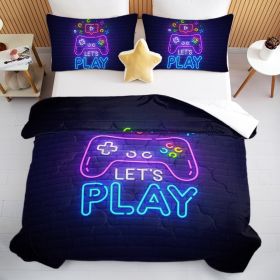 3 Pieces Neon Game Pattern Comforter Set Ultra Soft Bedding Set (Option: Full-Black)